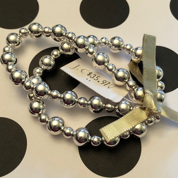 Authentic J. Crew Silver Beaded Elastic  Bracelet Set of 2.  New with tag. - Picture 3 of 10